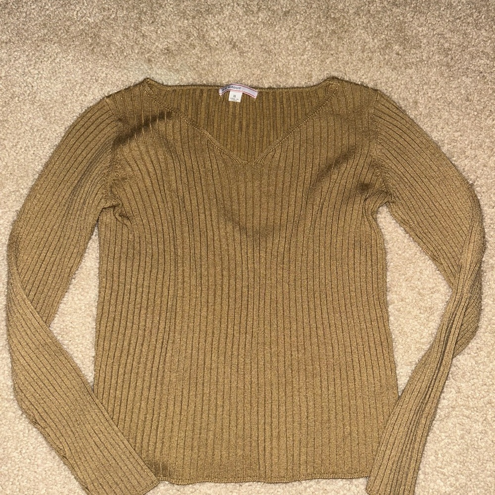 Ribbed V-Neck Sweater - Tan
